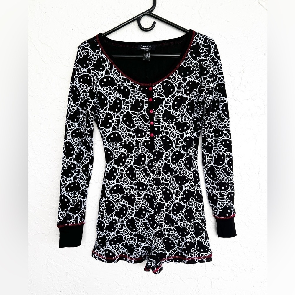 Dolls Kill Hello Kitty Black Waffle Romper Womens Size Medium